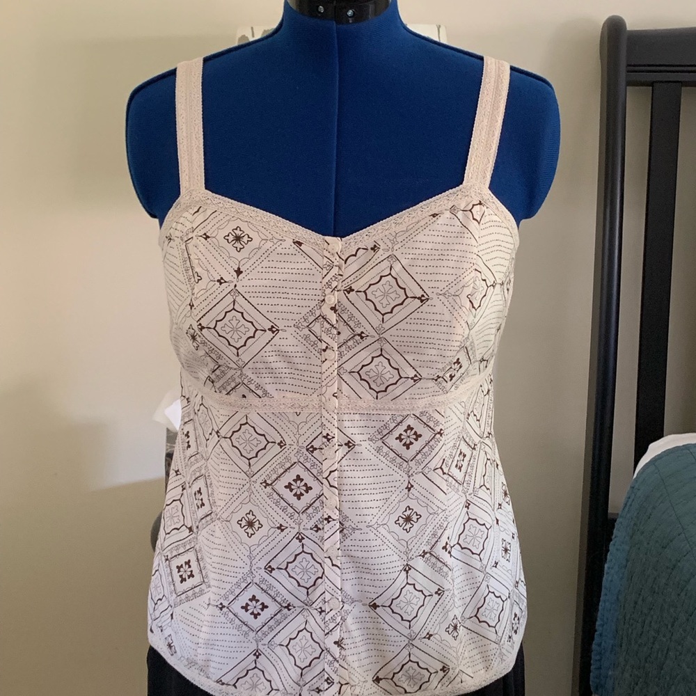 Nine West Brown Cream Geometric Cami Button Top